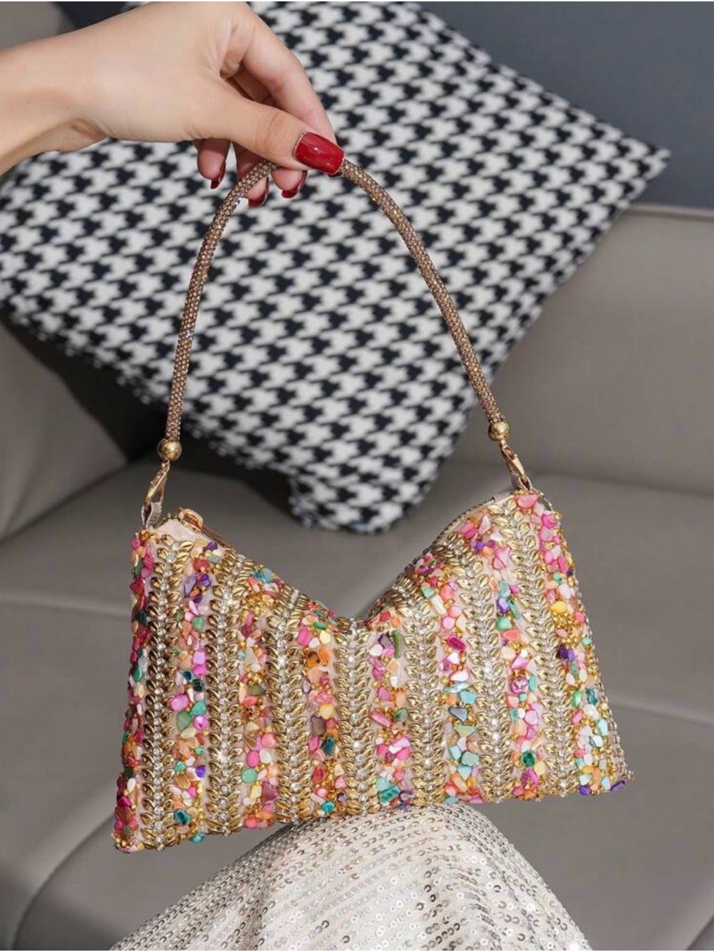 Multicolor Gold Rhinestone Handbag Purse - Picture 2 of 6